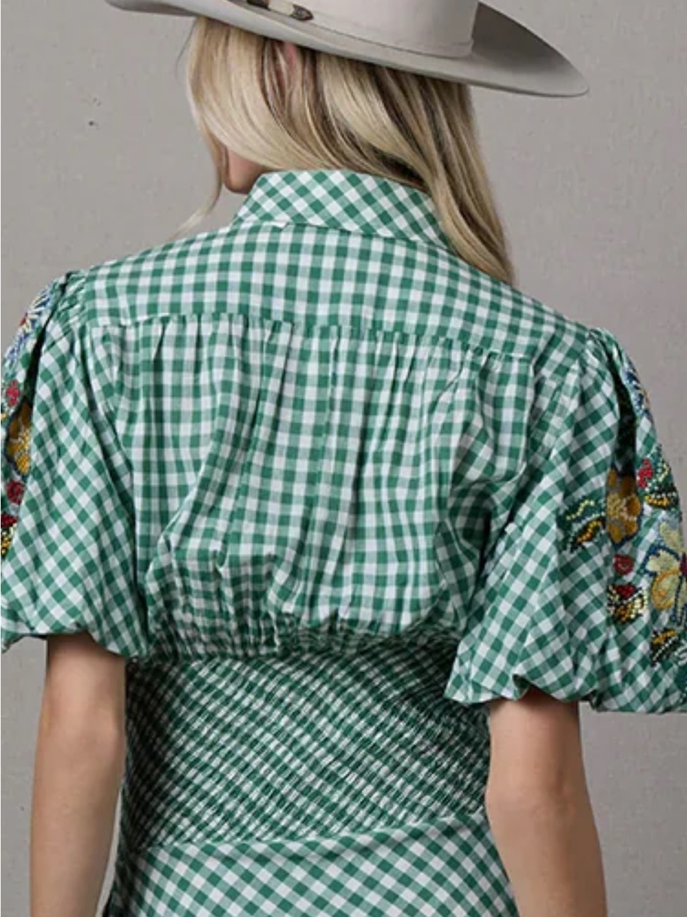 Double D Ranch Green Gingham Maxi Dress with Embroidered Puff Sleeves - Picture 7 of 8